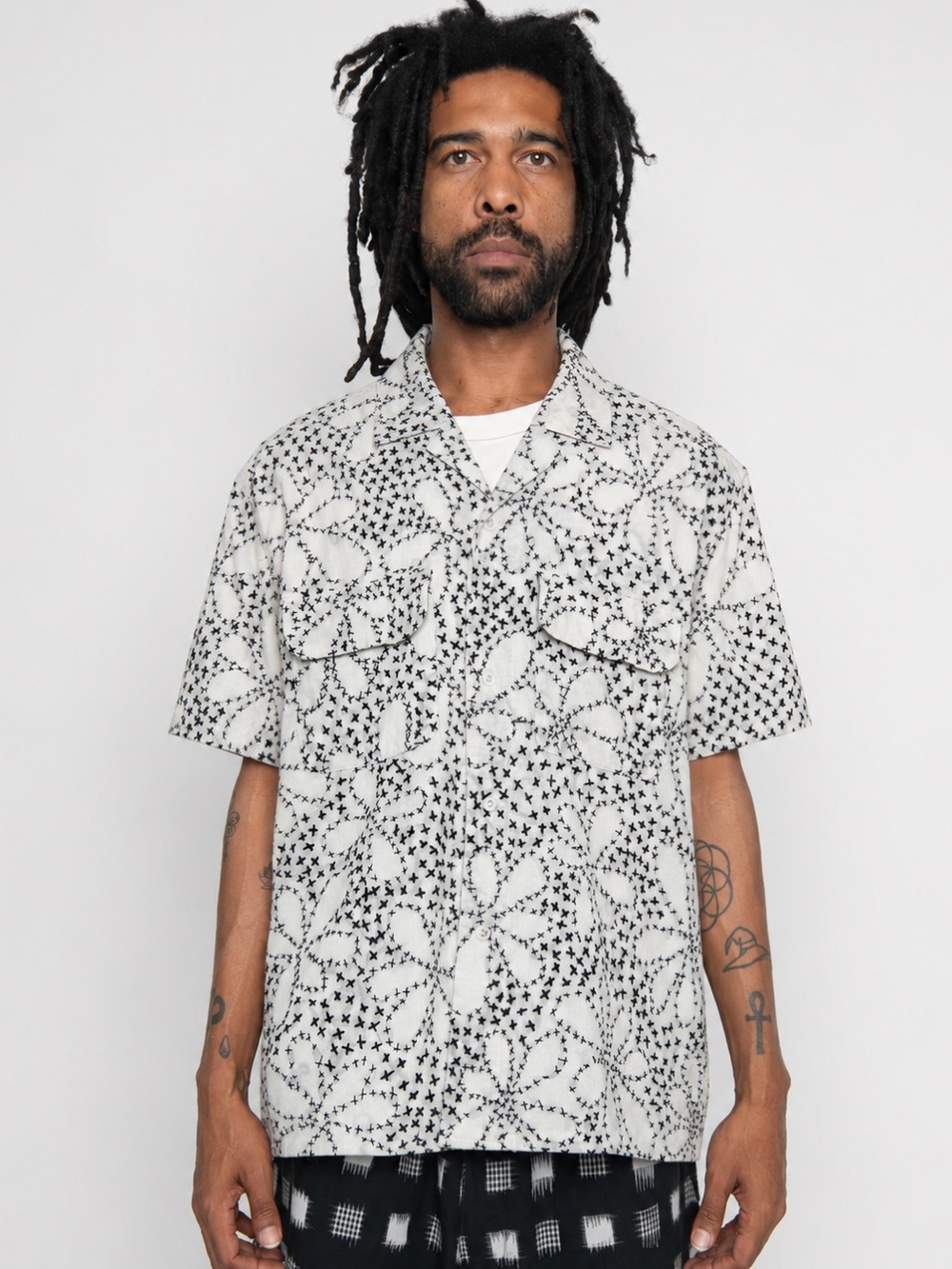 Monitaly 50’s Milano Shirt White Black Hand Stitch Floral Collared 100% Cotton